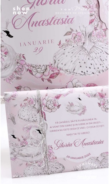 Trusou de botez cu lebede si motive florale personalizat pentru fete, Lebada alba 17